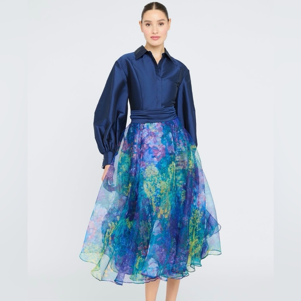 Theia Mary Shift Dress Blue Floral Gown